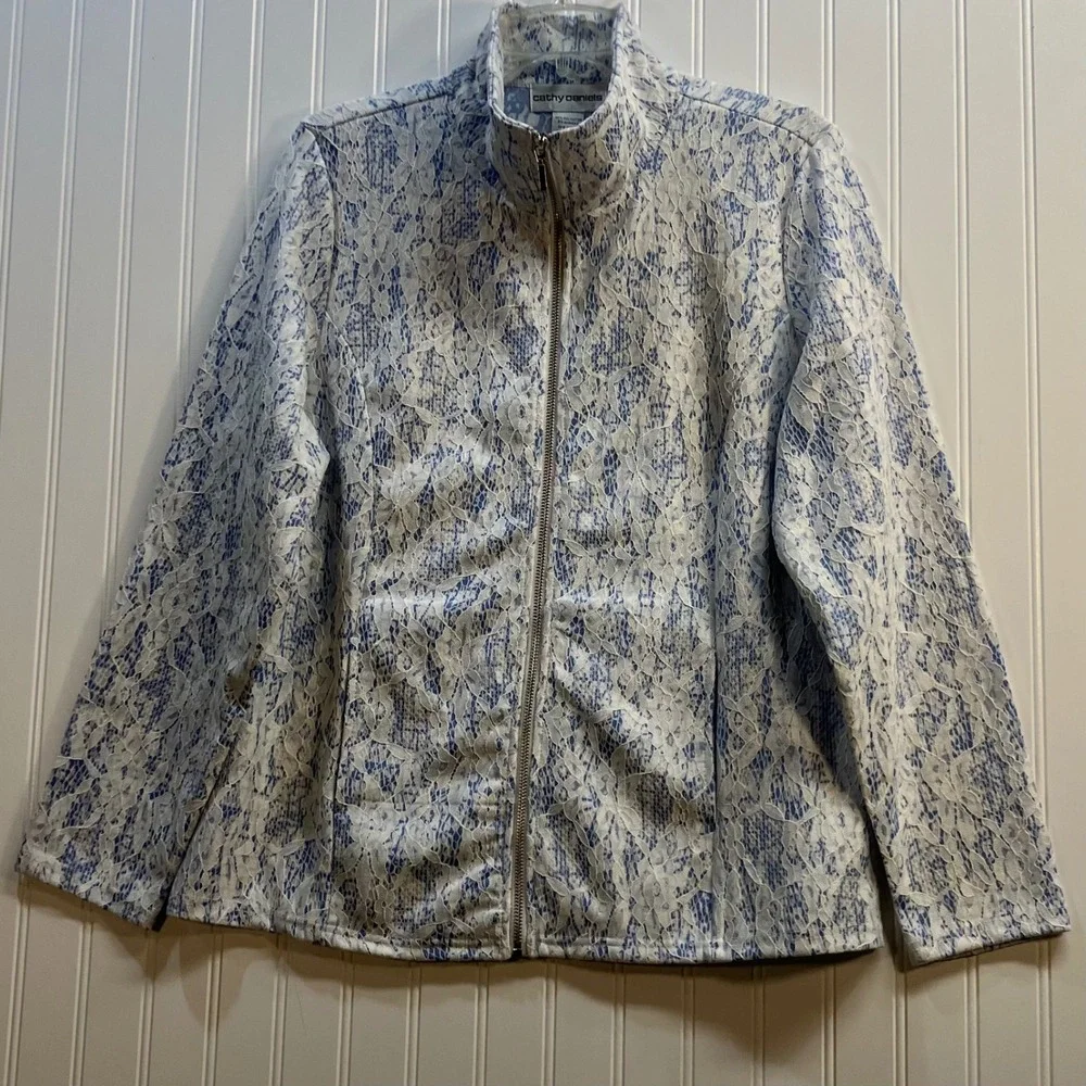 Grandmacore‎ Whimsy Fairycore Womens Blue White Lace Full Zip Jacket Mock Neck L